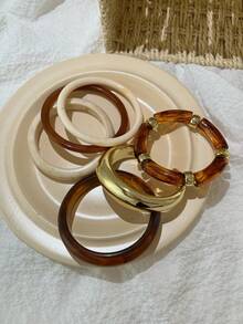 1/4/6pcs Vintage Coin Style Geometric Bangle Bracelet Set, CCB & Resin Material, Oversized Elegant Accessories Suitable For Daily Wear, Dates, Parties, Birthdays - Multicolor - View 5