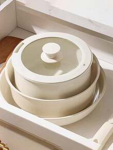 16-piece non-stick ceramic cooking set with detachable handles, integrated design suitable for frying, stir-frying, stewing and slow-cooking, with a maximum temperature of 480°F, compatible with induction cooktops, ready to use immediately, stackable cookware and plates can save space, and equipped with utensils, easy to clean, lids and pot pads. - Übersicht 3