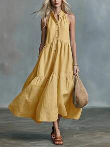 2026 New Elegant Sleeveless Casual Loose Linen Buttoned Vest Dress - Off White - View 10