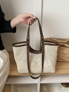 2026 Summer Casual Woven Rope Knot Design Beach Tote Bag, Versatile Large Capacity Travel Essential - Coffee Brown - View 6