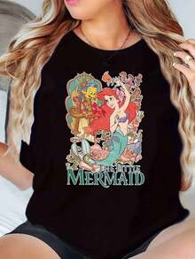 The Mermaid Ariel And Friends Print Disney Women T Shirt Round Neck Short Sleeve Casual Summer Wear For Everyday And Holiday Soft Comfortable 220g - Black - View 1