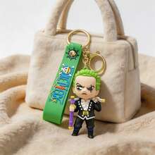 MINISO One Piece 羅羅諾亞·索隆角色鑰匙圈，動漫迷你公仔包飾吊飾，附綠色名字織帶與金屬色夾扣鉤，背包錢包配件，返校禮物 - 樣式 1 - 查看 5