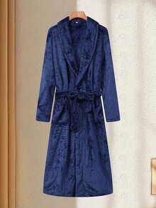 1pc/Plus Size Women's Pajamas Lingerie, A Fashionable Thick Flannel Bathrobe With Pockets, Waist Tie And Folded Collar, Soft And Comfortable, Suitable For Daily Wear - Navy Blue - View 10
