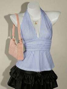 Top sin espalda de halter estilo boho marrón para salir, tipo babydoll, para primavera a verano - rayas azules - Ver 6