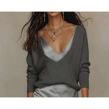 Women'S Knit Sweater And Satin Slip Dress Two-Piece Set With - 灰色西裝 - 查看 3