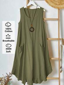 EMERY Vestido de verano casual de talla para mujer, de color verde militar sólido, sin mangas, con volantes en el bajo y parches de encaje en la espalda - Verde militar - Ver 8