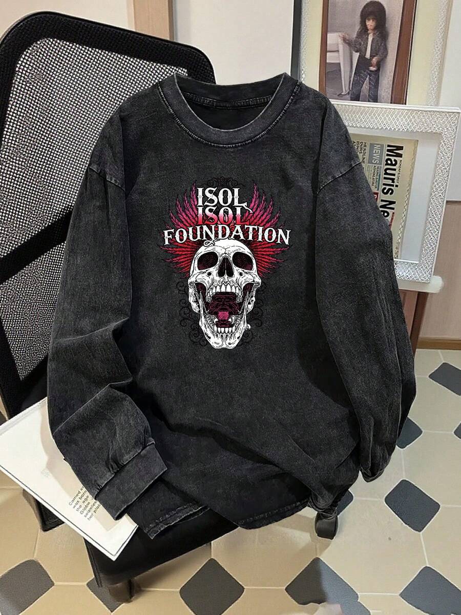 Sudadera de manga larga con cuello redondo para hombre, con estampado retro de calaveras y alas, lavada y desgastada, duradera y lavable a máquina, cómoda, transpirable y elegante, adecuada para ambientes urbanos, modernos, retro y casuales. - Negro - Ver 1