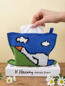 1 pieza Funda decorativa para caja de pañuelos, patrón de pato mirando al cielo, punto jacquard azul tranquilo, caja organizadora de pañuelos - Multicolor - Ver 2