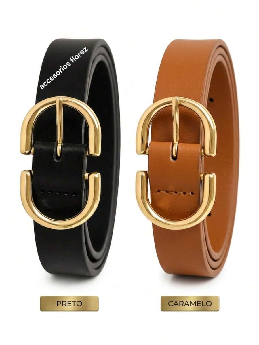 Kit 2 Cinto Femenino Com Fivela Invertida Dourado - Preto e Caramelo - Visão 1