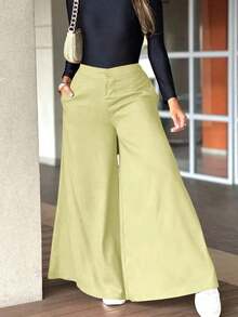 Pantalones anchos y sueltos de unicolor y casual para mujer, elegantes y minimalistas para la primavera - Amarillo - Ver 4