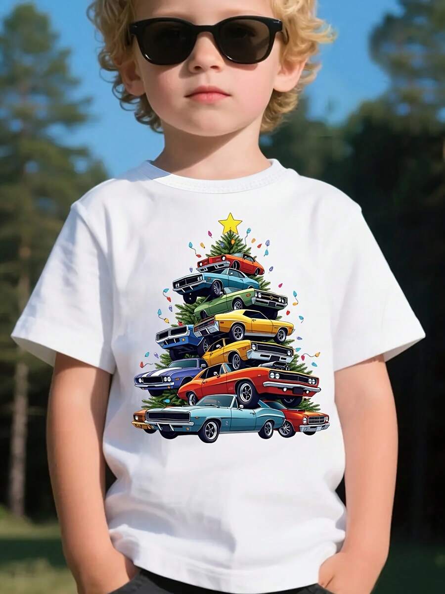 Christmas T-Shirt For Boys - Short-Sleeved Christmas-Themed T-Shirt For Boys - Modern Print Of Cars And Christmas Trees - Perfect For Everyday Wear And Outdoor Activities - 白色 - 查看 1