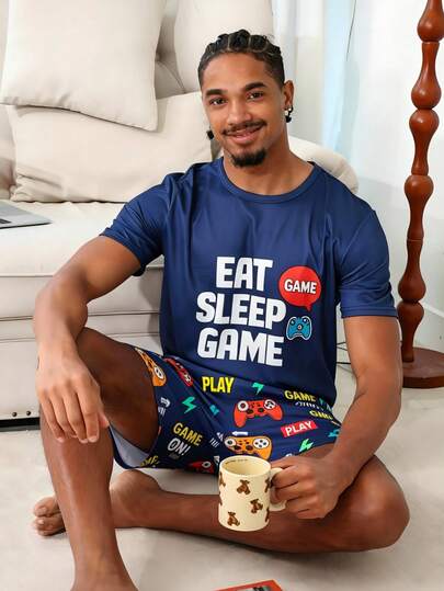 2pcs Men's "Eat Sleep Game" Print Short Sleeve T-Shirt And Shorts Pajama Set, Casual Soft Milk Silk Loungewear, Gaming Theme Sleepwear