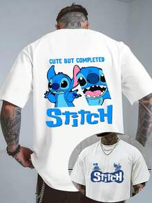 [Disney Official Genuine Authorization] Lilo & Stitch Adult T-Shirts, "Cute But Completed" Double Sided Print, Stitch Pattern, Short-Sleeved Round Neck Casual Summer Shirt, Machine Washable, Cartoon Design, Comfortable. - trắng - Xem 1