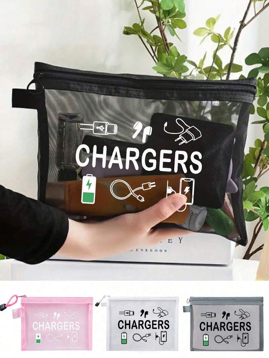 網格化妝包印有「Charger」字母，便攜式收納包，多功能收納包，化妝包，護膚包，旅行必需品，宿舍用品，珠寶收納，口紅和化妝品收納包。適合商務人士和旅行者，實用便攜式收納包，完美用於存放旅行、辦公室和居家數位配件，推薦作為節日和生日禮物