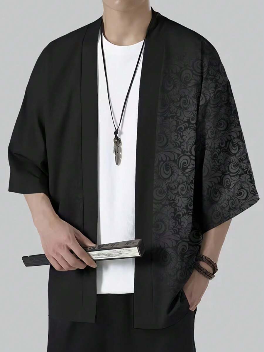 日式羽織罩衫和服 夏季海灘度假防曬罩衫 日常通勤寬鬆上衣 男士休閒新款 3D黑色底歐風深色圖案漸層和服家居罩衫 - 黑色 - 查看 1