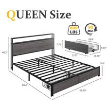 Queen & Full Bed Frame With Storage, 2-Tier Storage Headboard & Built-In Drawers, Metal Platform Bed With USB Charging Station & LED Lights, Noise Free, No Box Spring Needed, Easy Assembly,Rustic Grey - Grey - View 9
