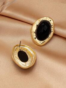 1 Pair European And American Fashion Elegant New Classic Black Oval Inlaid Asymmetrical Shape Earrings, Versatile And - Multicolor - View 4