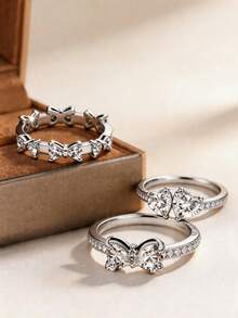 3pcs/1pc Silver Rings, Luxury Bow-Shaped Gemstone Rings, Heart-Shaped Gemstone Rings, Suitable For Daily Decoration, Outfit Matching, Dating - Silver - View 3
