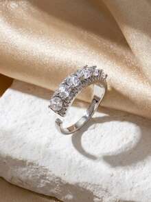 1pc Sparkling Full Rhinestone Half-Row Ring, Copper With Zirconia Stones, Luxury Wedding Ring Alternative, Open Adjustable Wide Band Ring - Silver - View 5