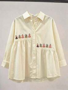 Camisa de mujer de manga larga versátil de unicolor con bordado, para primavera - Albaricoque - Ver 1