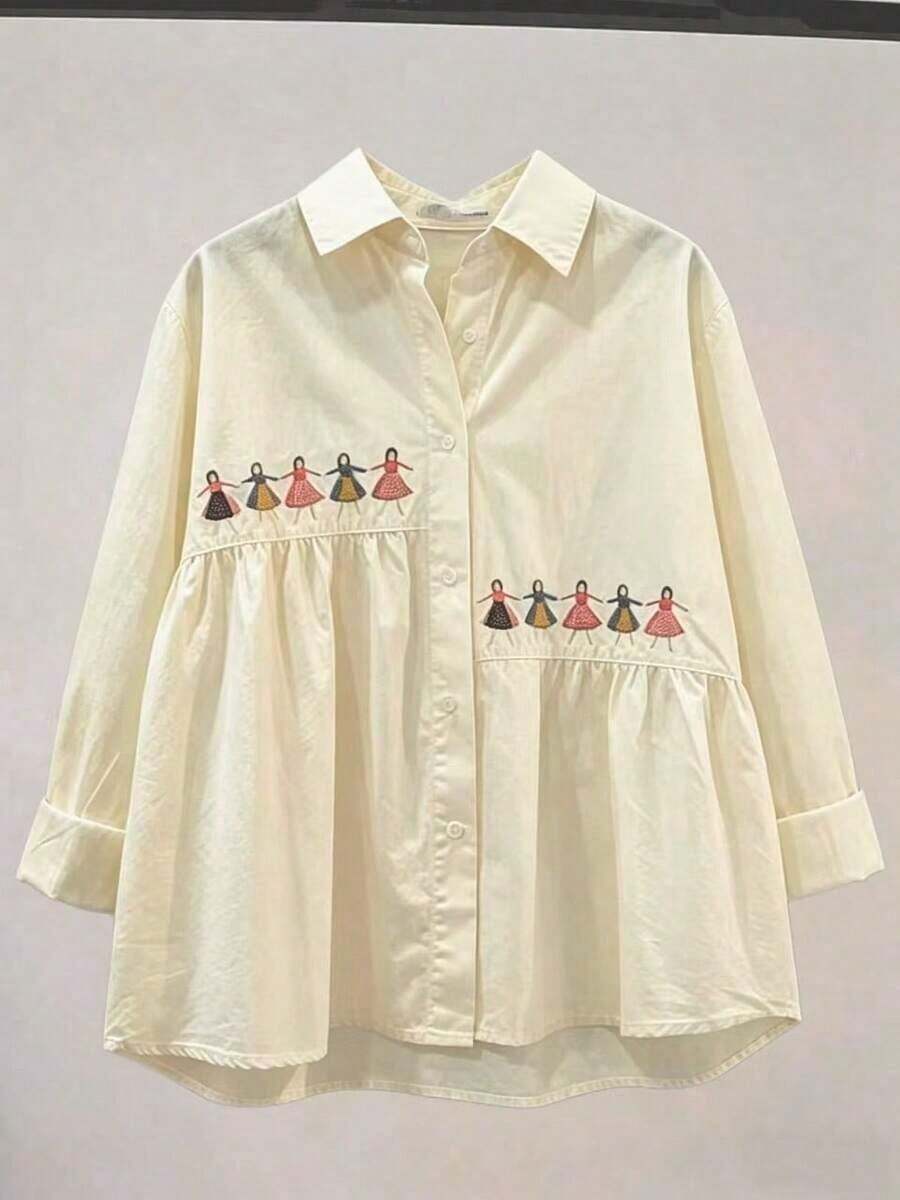 Camisa de mujer de manga larga versátil de unicolor con bordado, para primavera - Albaricoque - Ver 1