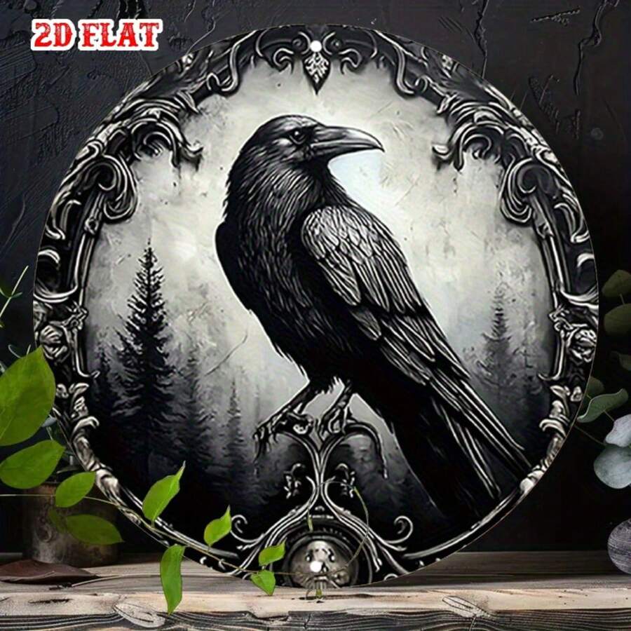 2D Flat Design - 1pc Black Round Metal Plaque, 2D Flat Design, Raven Pattern. This 7.8X7.8 Inch Gothic Style Metal Tin Plate Has A Mysterious Wall Decor Function, Suitable For Home, Garage, Dining Area Or Cafe