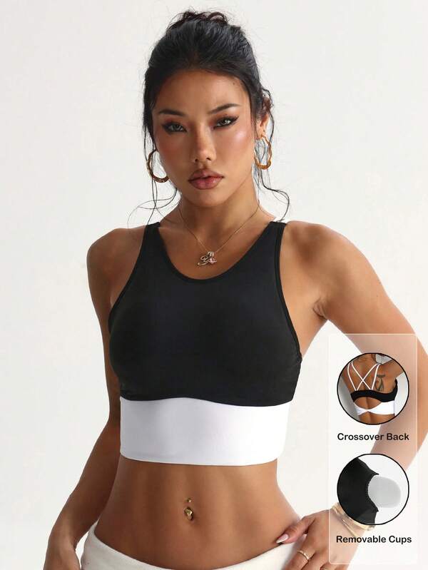 Women's Fashionable Solid Color Removable Padded Criss-Cross Back Round Neck Sports Bra