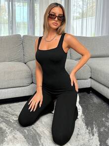 Women's Ribbed Square Neck Backless Ruched Butt-Lifting Flare Leg Jumpsuit - Stretchy Slim Fit Summer Outing Set Black - Black - View 6