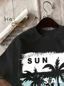 100% Pure Cotton Summer T-Shirts, Women's Short-Sleeved T-Shirt With Coconut Tree Print. - Black - View 3