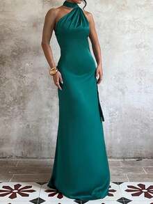 Elegante vestido de punto de una pieza en color sólido con espalda descubierta.Perfecto para fiestas, bodas y citas nocturnas de verano - amarillo ganso - Ver 5
