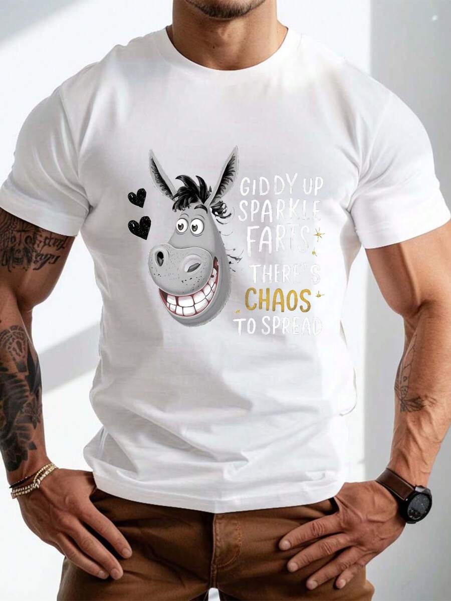 1 pza Camiseta de verano para hombre de talla grande - Estampado gráfico de pedos brillantes Giddy Up, camiseta casual de manga corta con cuello redondo, - Blanco - Ver 1