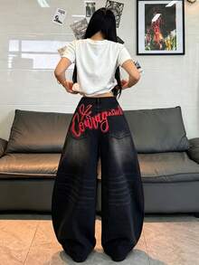 1件美式街頭風刺繡女款繭型寬腿牛仔長褲，寬鬆四季皆宜休閒黑色秋季牛仔褲 - 黑色 - 查看 3