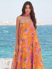 Faeriesty Đầm cổ cao họa tiết hoa thanh lịch - Chất liệu chiffon rực rỡ, kiểu dáng chữ A thướt tha, phù hợp cho các bữa tiệc, đám cưới ngoài trời và các lễ kỷ niệm theo phong cách boho. - trái cam - Xem 4