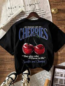 Women's Plus Size Short-Sleeved T-Shirt With Round Neck, Cherry Print, Ideal For Summer Beach Holidays, White. - 黑色 - 查看 3