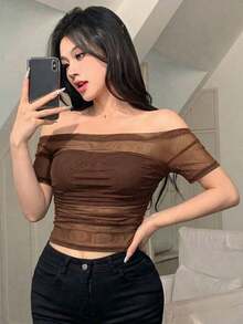 Blusa de malla elástica transparente con hombros descubiertos para mujer, para primavera/verano, ropa de vuelta al colegio, blusas de manga larga para mujer para salir - Marrón 3 - Ver 4