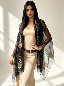 1pc Floral Embroidered & Tie-Dye Scarf, Oversized Shawl, Fashionable & Versatile Solid Color Scarf, Bohemian Style - Black - View 7