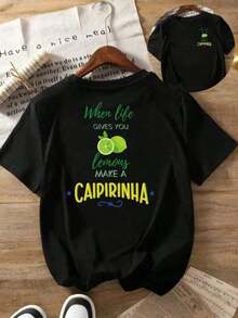 Women's Short-Sleeved T-Shirt, Printed With "When Life Gives You Lemons, Make A CAIPIRINA", Round Neck, Casual Women's Clothing, Comfortable Fit, Classic Design. - 黑色 - 查看 3