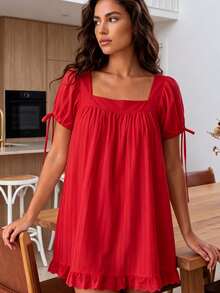 Red Women's A-Line Square Neck Puff Sleeve Babydoll Dress Lace Trim Ruffle Hem Dress Summer Casual Flowy Dress For Beach Vacation - 紅色 - 查看 5