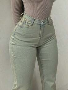 GILIPUR Pantalones vaqueros acampanados de talle alto con estilo Y2K, pantalones casuales elegantes de unicolor y elásticos para mujeres, moda callejera de mezclilla marrón para primavera - Verde - Ver 4