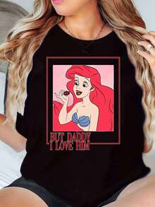 Ariel Princess Holding Chocolate But Daddy I Love Him Print Disney Women T Shirt Round Neck Short Sleeve Casual Daily Wear Summer Outfit Soft Comfortable 220g - màu đen - Xem 1