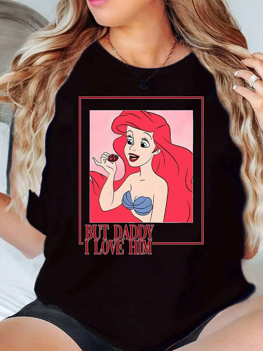 Ariel Princess Holding Chocolate But Daddy I Love Him Print Disney Women T Shirt Round Neck Short Sleeve Casual Daily Wear Summer Outfit Soft Comfortable 220g - màu đen - Xem 1