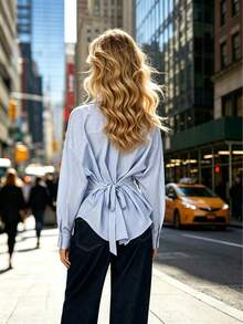 Blue & White Striped Cinched Waist Back Blouse, Casual Loose Fit Long Sleeve Top For Commuting Spring - Blue and White Stripes - View 4