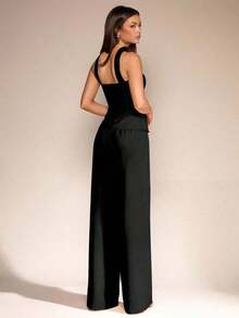 Set de 2 piezas para mujer con top sin mangas de cuello de halter y pantalones largos para el verano, estética de oficina y uso diario - Negro - Ver 2