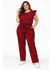 Elegant Plus Size Social Set In  Crepe, Casual Style With Drawstring Pockets, For Office Or Home. - Burgundy - View 5