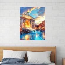 Enmarcado Lienzo impreso plano 2D con fuente romana -  plano 2D , diseño de edificio histórico vintage con cielo al atardecer y cascada, ideal para dormitorio, decoración de sala de estar, dormitorio universitario y regalo para el hogar,  de fuente, obra de arte para sala de estar, obra de arte de cielo dramático, plano 2D - Enmarcado - Ver 3