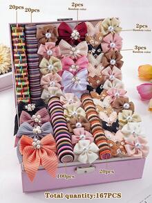 167pcs Vintage Soft Girl Ins Style Hair Accessories Set, Includes Rhinestone Pearl Bow Hair Clips, Printed Butterfly Hair Clips, Pearl Flower Hair Clips, High Elastic Hair Ties, Multi-Style Combination, Non-Damaging Design, Suitable For Daily Wear, Outings, Parties - Multicolor - View 2