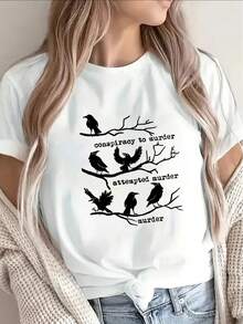 NEW Short Sleeve T-Shirt With Bird Graphic Design, Lightweight And Durable For Casual Wear At Home, Restaurant Or Outdoors, With " Conspiracy" Textual Art, Perfect For Everyday Comfort And Style - Vintage Urban Style, Unisex Loose Fit Cotton Short Sleeve Crew Neck T-Shirt, Women's T-Shirts - 白色 - 查看 1