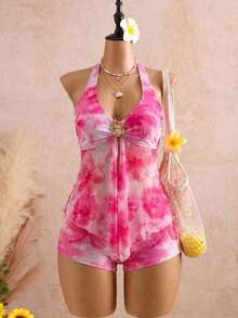 Bellisia Conjunto de traje de baño de dos piezas para mujer con top tankini de cuello halter con lazo y decoración metálica de unicolor y Bottom de bikini triangular, adecuado para vacacione - Multicolor 2 - Ver 1