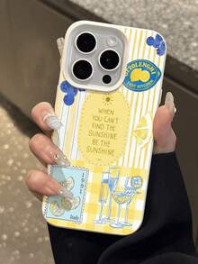 1pc Fashionable Lemon Striped Wine Glass Pattern Litchi Texture Anti-Drop Anti-Slip Soft Phone Case Compatible With Apple, Phones - Multicolor - View 4