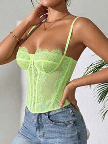 1 Piece Women's Lace Trim Fitted Crop Top, Sexy Tight Corset Top, Suitable For Party, Travel, Gathering, Christmas, Valentine's Day, Casual Summer, Black - 淺綠色 - 查看 4